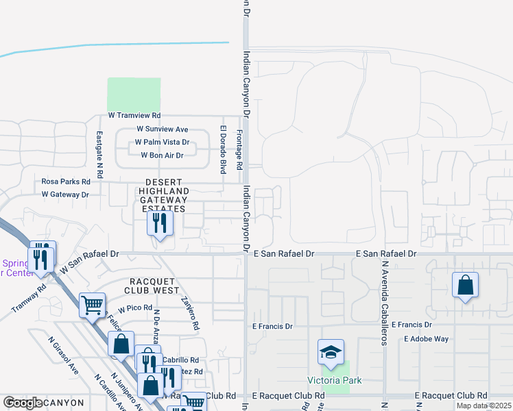 map of restaurants, bars, coffee shops, grocery stores, and more near 3611 Melody Lane in Palm Springs