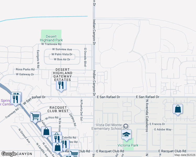 map of restaurants, bars, coffee shops, grocery stores, and more near 3552 Melody Lane in Palm Springs