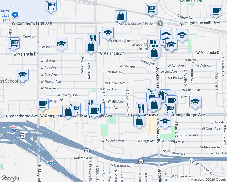 map of restaurants, bars, coffee shops, grocery stores, and more near 2106 West Olive Avenue in Fullerton