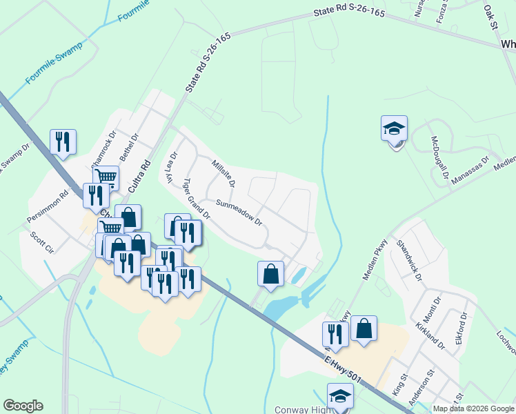 map of restaurants, bars, coffee shops, grocery stores, and more near 4064 Woodcliffe Drive in Conway
