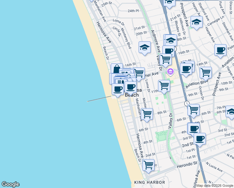 map of restaurants, bars, coffee shops, grocery stores, and more near 42 13th Street in Hermosa Beach