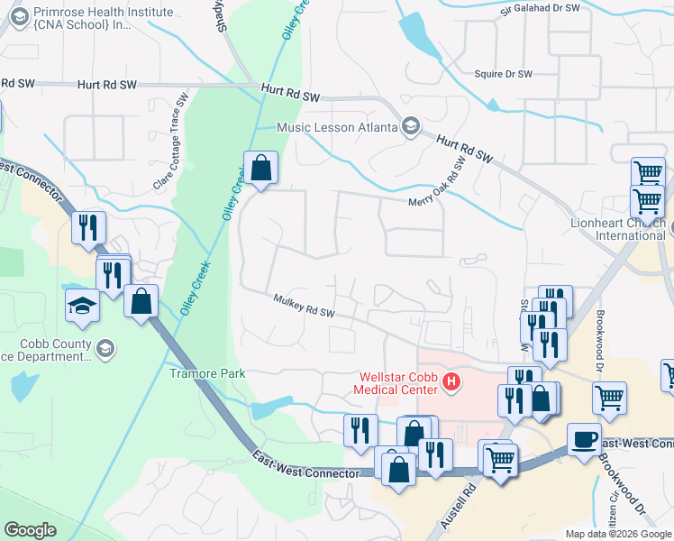 map of restaurants, bars, coffee shops, grocery stores, and more near 3848 Mulkey Circle Southwest in Marietta