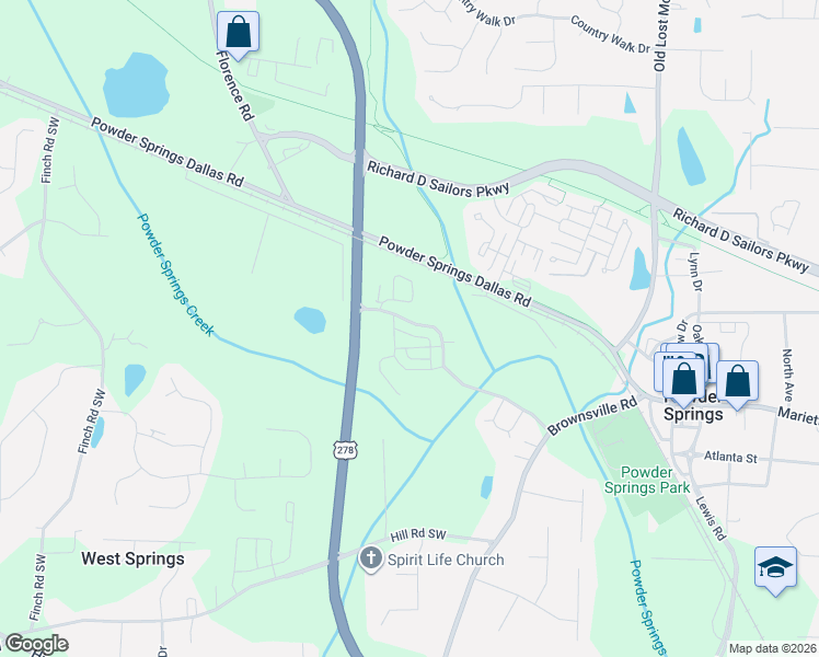 map of restaurants, bars, coffee shops, grocery stores, and more near 4678 Sweetwater Avenue in Powder Springs