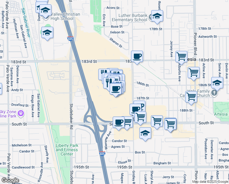map of restaurants, bars, coffee shops, grocery stores, and more near 310 Los Cerritos Center in Cerritos