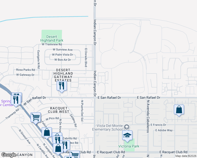 map of restaurants, bars, coffee shops, grocery stores, and more near 3552 Melody Lane in Palm Springs