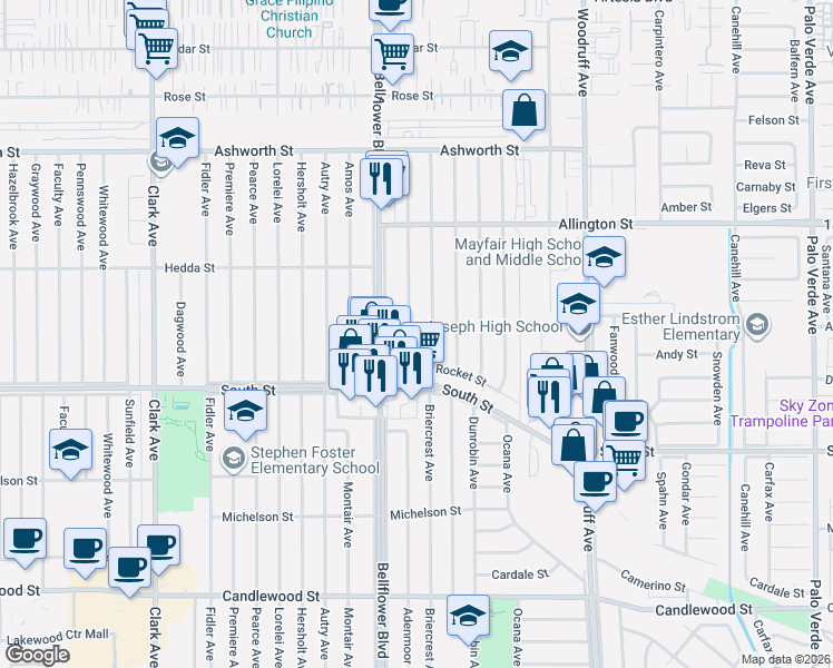map of restaurants, bars, coffee shops, grocery stores, and more near 5919 Briercrest Avenue in Lakewood