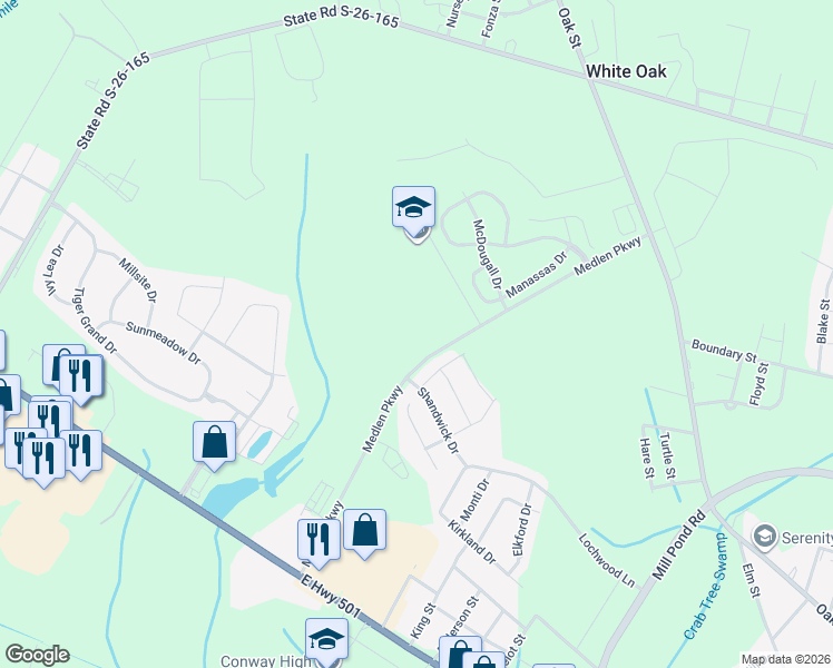 map of restaurants, bars, coffee shops, grocery stores, and more near in Conway