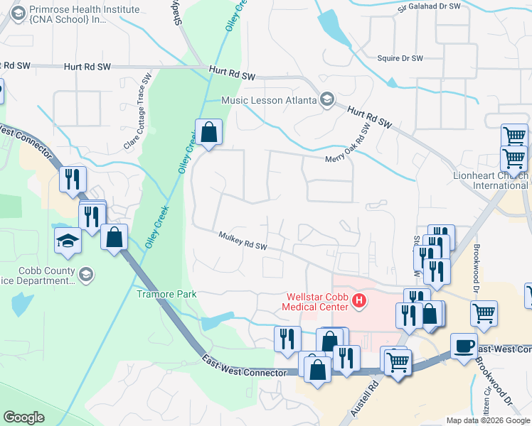 map of restaurants, bars, coffee shops, grocery stores, and more near 1947 Calvary Hill Court Southwest in Marietta