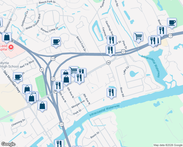 map of restaurants, bars, coffee shops, grocery stores, and more near 414 South Carolina 90 in Little River