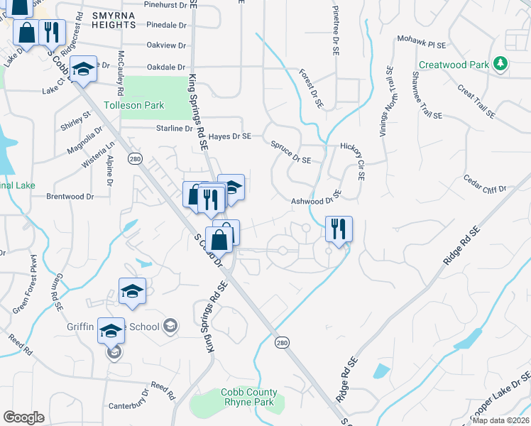 map of restaurants, bars, coffee shops, grocery stores, and more near 1380 Ashwood Court in Smyrna