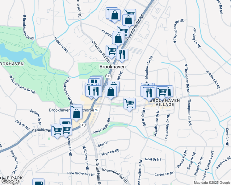 map of restaurants, bars, coffee shops, grocery stores, and more near 2595 Apple Valley Road in Atlanta
