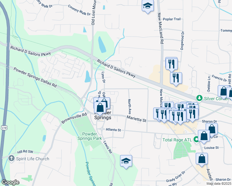 map of restaurants, bars, coffee shops, grocery stores, and more near 3806 Jack Vernon Circle in Powder Springs