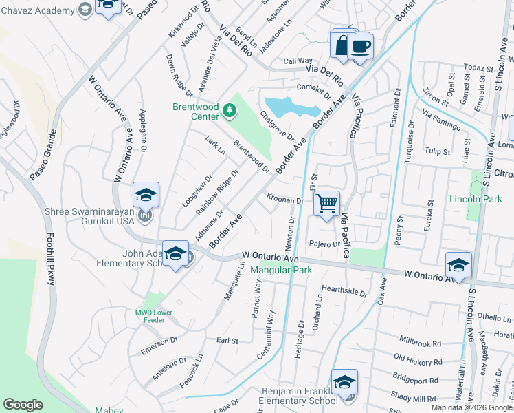map of restaurants, bars, coffee shops, grocery stores, and more near 1486 Baird Street in Corona