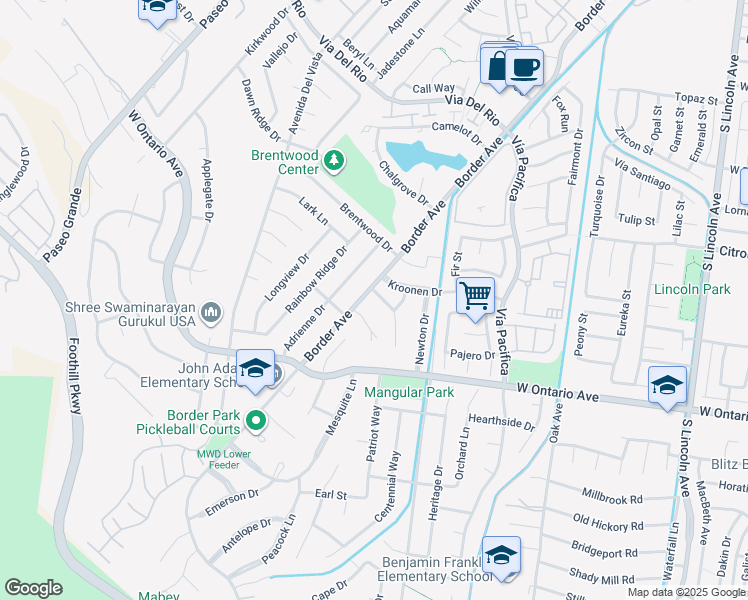 map of restaurants, bars, coffee shops, grocery stores, and more near 1486 Baird Street in Corona