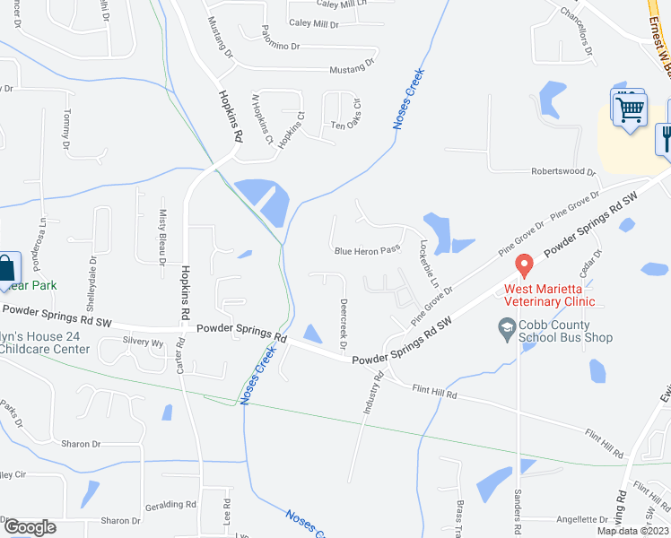 map of restaurants, bars, coffee shops, grocery stores, and more near 3810 Deercreek Drive in Powder Springs