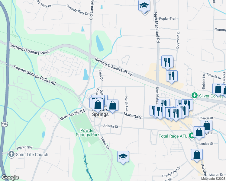 map of restaurants, bars, coffee shops, grocery stores, and more near 3804 Jack Vernon Circle in Powder Springs