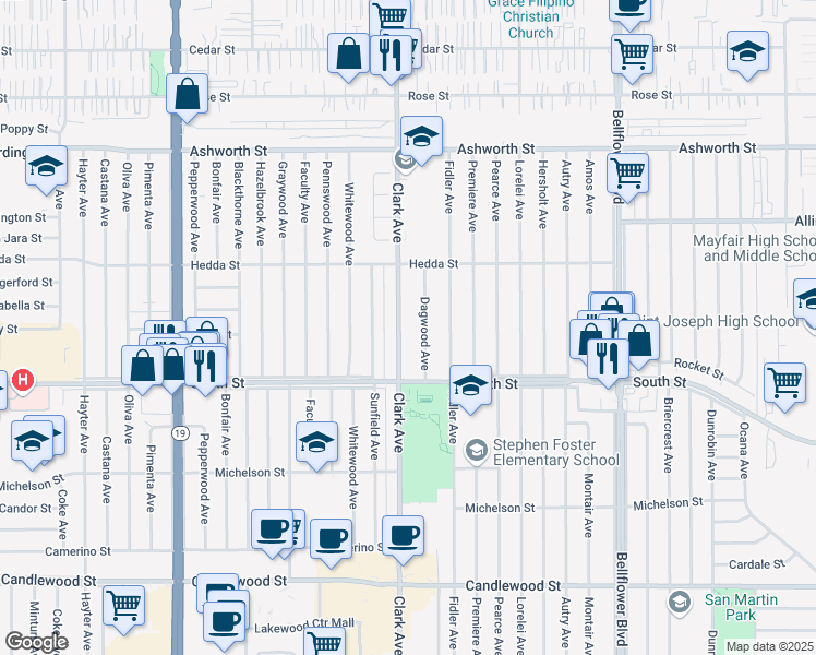 map of restaurants, bars, coffee shops, grocery stores, and more near 5858 Clark Avenue in Lakewood