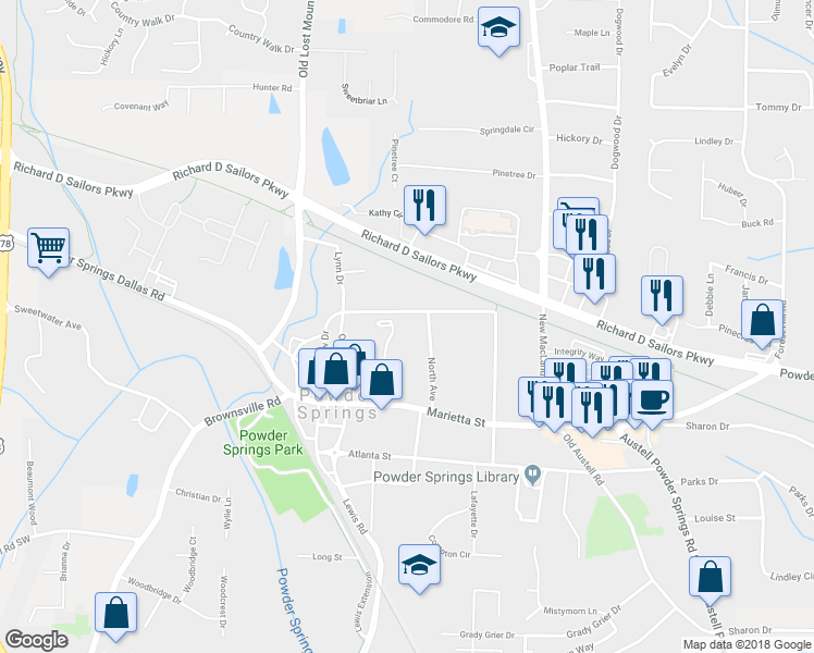 map of restaurants, bars, coffee shops, grocery stores, and more near 4355 Pineview Drive in Powder Springs