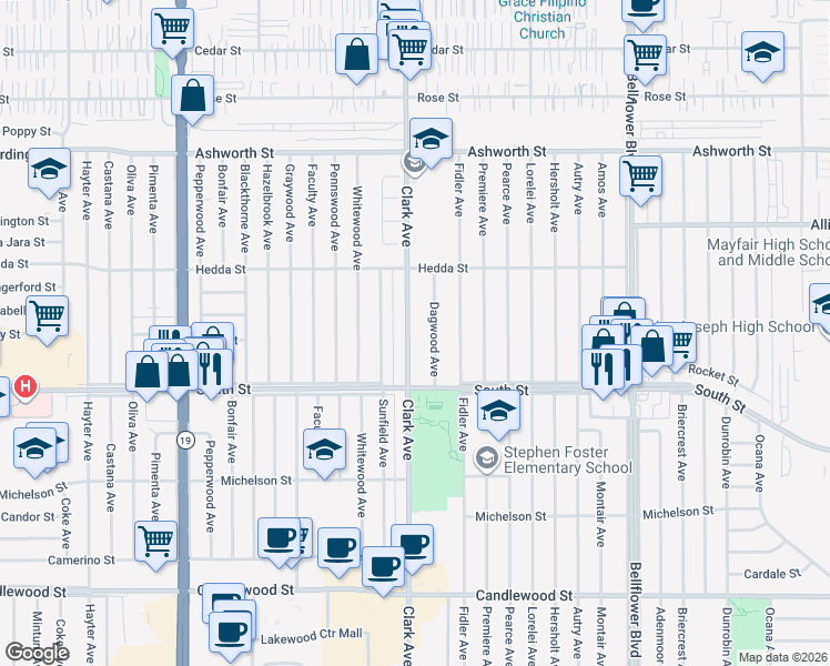 map of restaurants, bars, coffee shops, grocery stores, and more near 5858 Clark Avenue in Lakewood