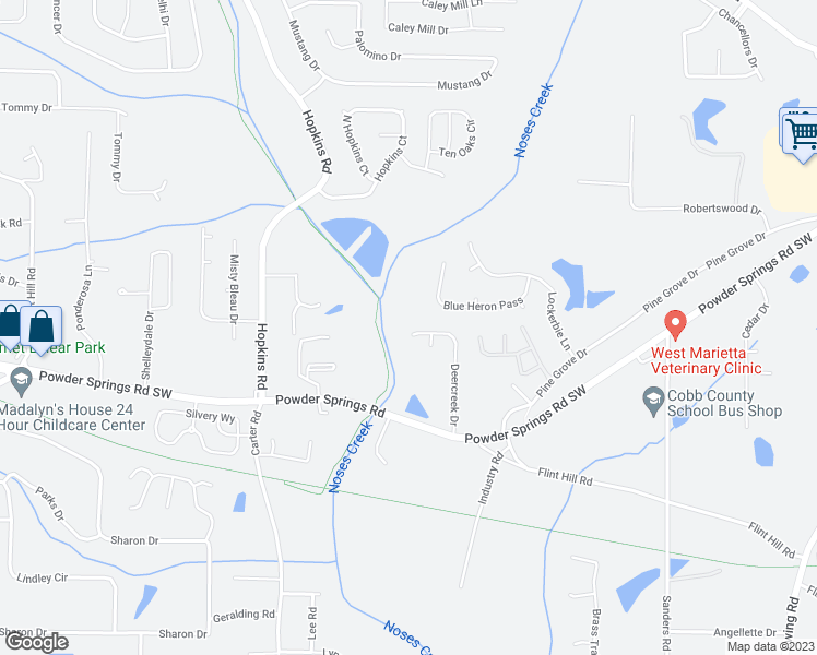 map of restaurants, bars, coffee shops, grocery stores, and more near 3782 Deercreek Drive in Powder Springs