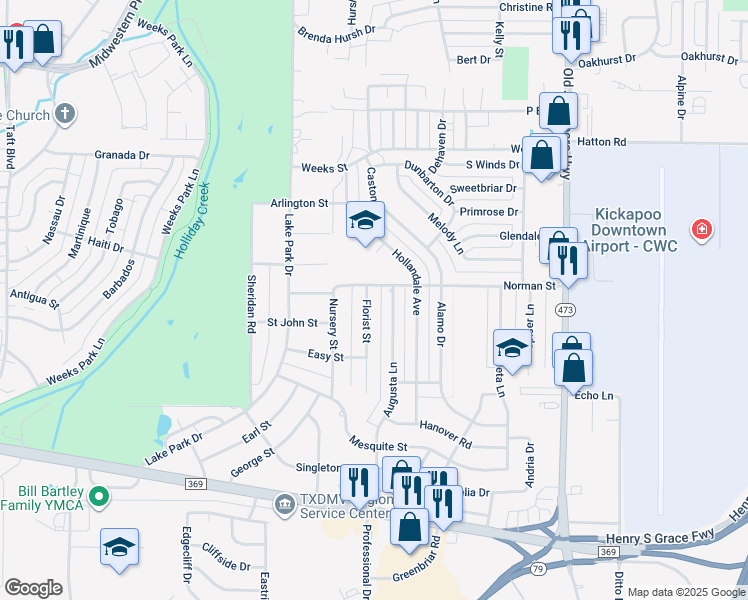 map of restaurants, bars, coffee shops, grocery stores, and more near 4700 Augusta Lane in Wichita Falls