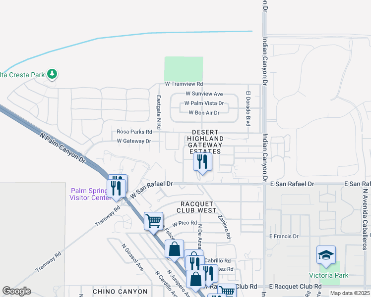 map of restaurants, bars, coffee shops, grocery stores, and more near b24 McCarthy Road in Palm Springs
