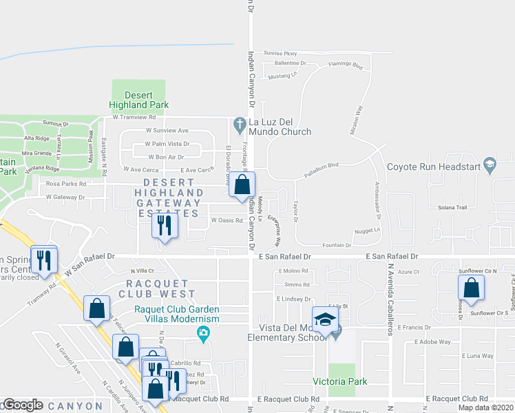 map of restaurants, bars, coffee shops, grocery stores, and more near 3611 Melody Lane in Palm Springs