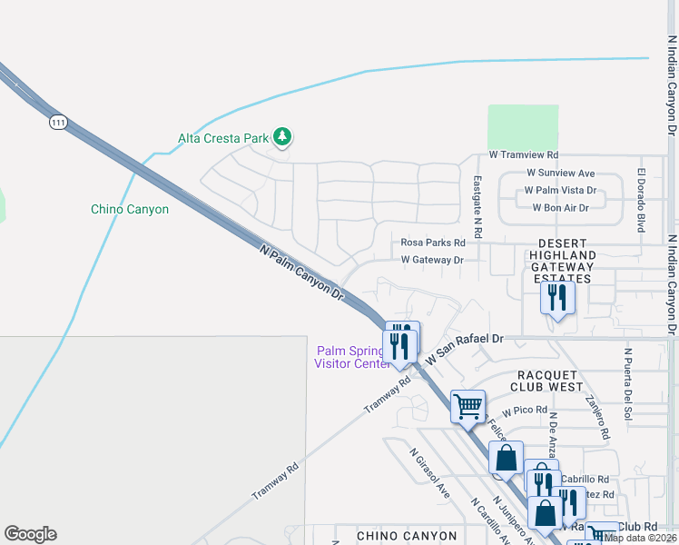 map of restaurants, bars, coffee shops, grocery stores, and more near 935 Vista Dunes in Palm Springs