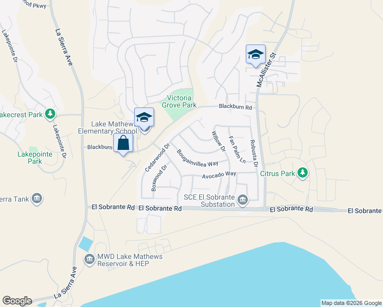 map of restaurants, bars, coffee shops, grocery stores, and more near 12568 Orange Blossom Lane in Riverside