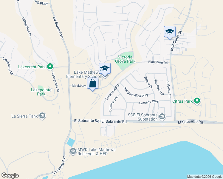 map of restaurants, bars, coffee shops, grocery stores, and more near 17701 Cedarwood Drive in Riverside