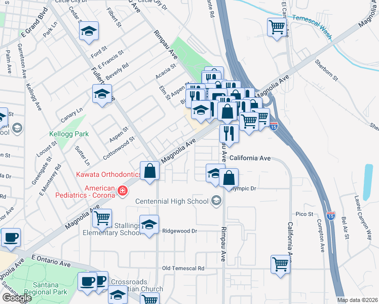 map of restaurants, bars, coffee shops, grocery stores, and more near 1550 Rimpau Avenue in Corona