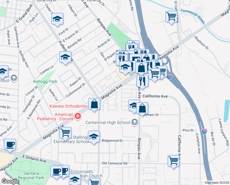 map of restaurants, bars, coffee shops, grocery stores, and more near 1550 Rimpau Avenue in Corona