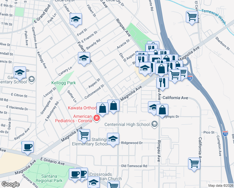map of restaurants, bars, coffee shops, grocery stores, and more near 1611 Windmill Lane in Corona