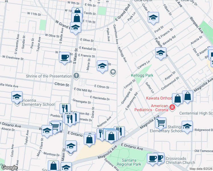map of restaurants, bars, coffee shops, grocery stores, and more near 450 East Rancho Road in Corona
