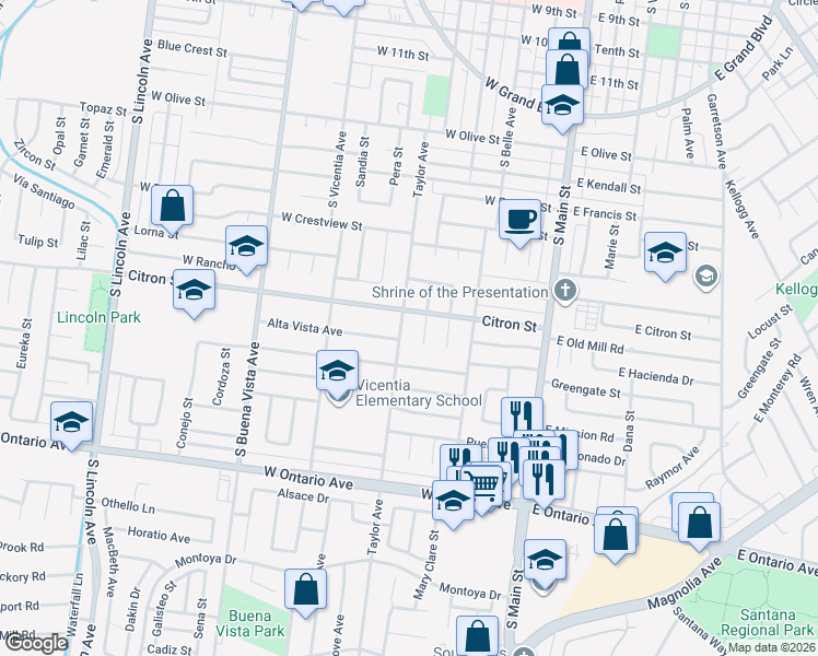map of restaurants, bars, coffee shops, grocery stores, and more near 606 Citron Street in Corona
