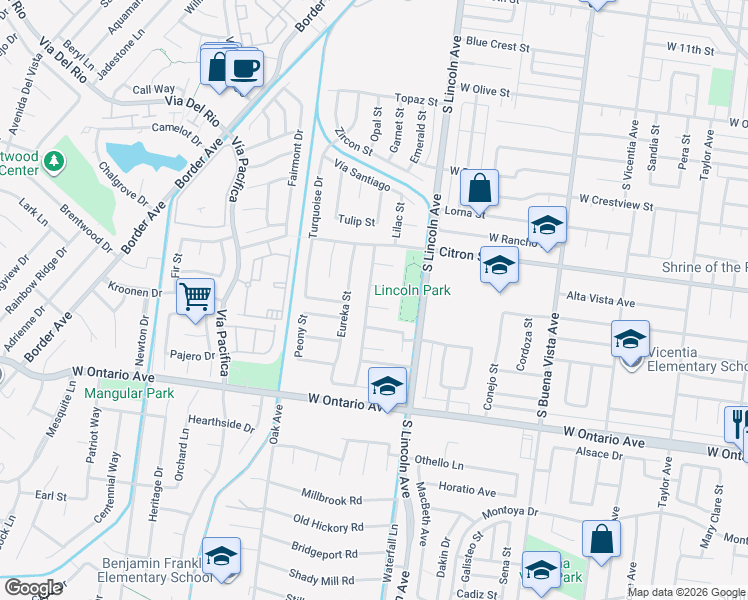 map of restaurants, bars, coffee shops, grocery stores, and more near 1910 Hibiscus Street in Corona