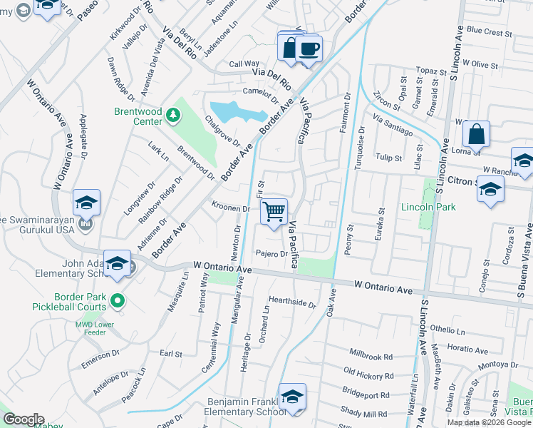 map of restaurants, bars, coffee shops, grocery stores, and more near 1341 Kroonen Drive in Corona