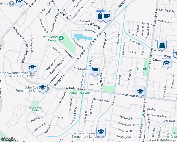 map of restaurants, bars, coffee shops, grocery stores, and more near 1397 Kroonen Drive in Corona