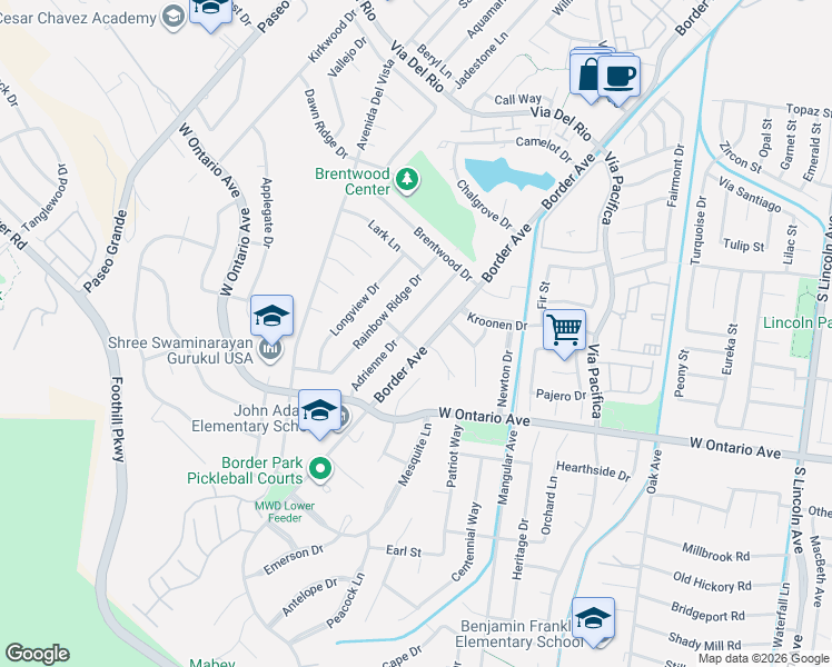 map of restaurants, bars, coffee shops, grocery stores, and more near 1952 Adrienne Drive in Corona