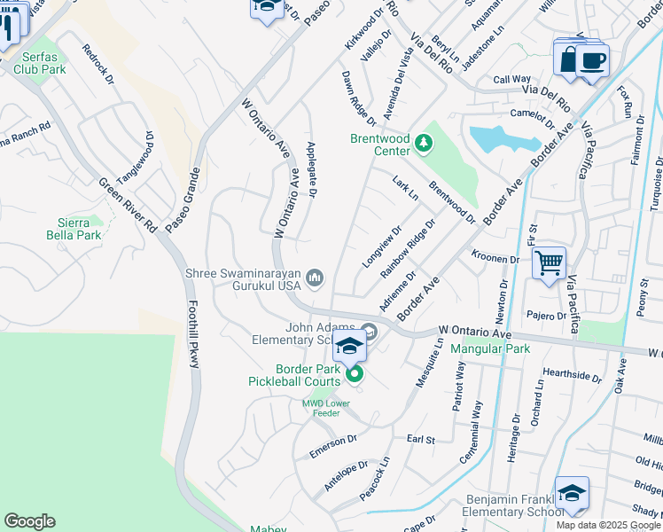 map of restaurants, bars, coffee shops, grocery stores, and more near 2242 Avenida Del Vista in Corona