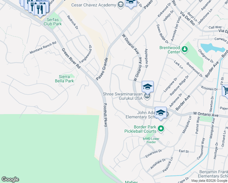 map of restaurants, bars, coffee shops, grocery stores, and more near 2048 Adobe Avenue in Corona