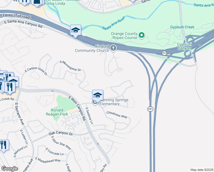 map of restaurants, bars, coffee shops, grocery stores, and more near 8701 East Foxhollow Drive in Anaheim