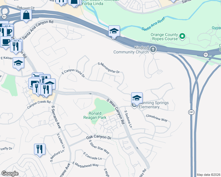 map of restaurants, bars, coffee shops, grocery stores, and more near 8627 East Canyon Vista Drive in Anaheim