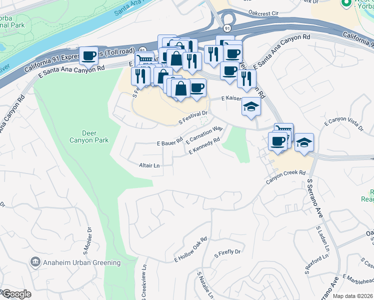 map of restaurants, bars, coffee shops, grocery stores, and more near 215 South Blueberry Street in Anaheim