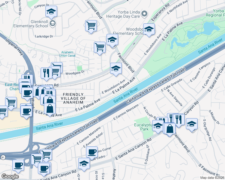 map of restaurants, bars, coffee shops, grocery stores, and more near 6254 East Woodsboro Avenue in Anaheim