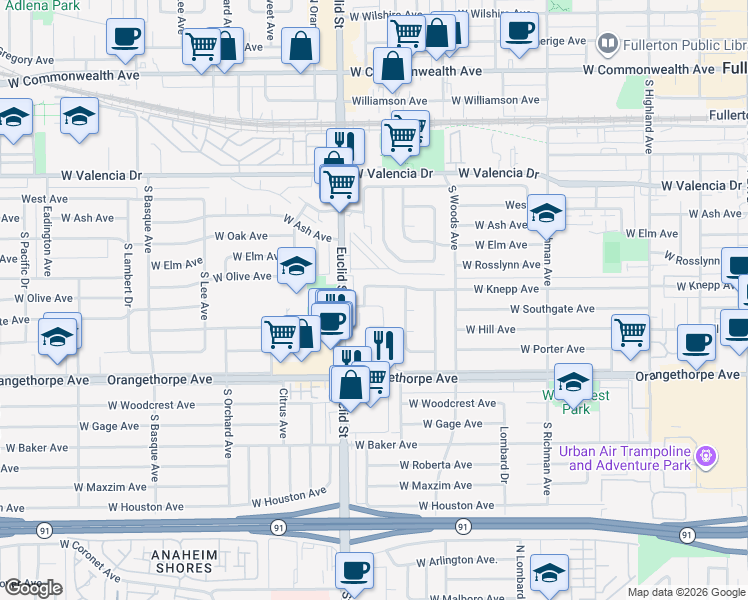 map of restaurants, bars, coffee shops, grocery stores, and more near 918 West Knepp Avenue in Fullerton