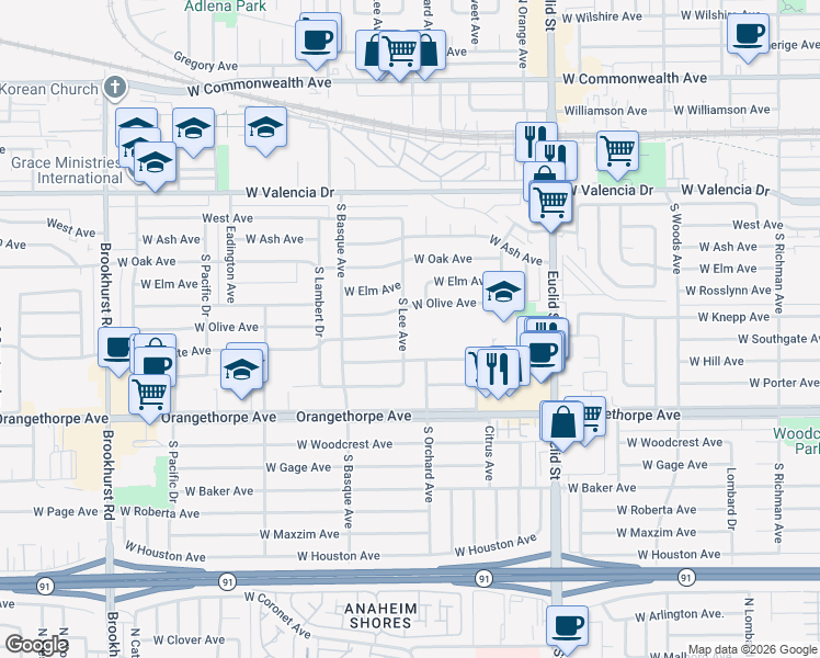 map of restaurants, bars, coffee shops, grocery stores, and more near 1300 West Olive Avenue in Fullerton