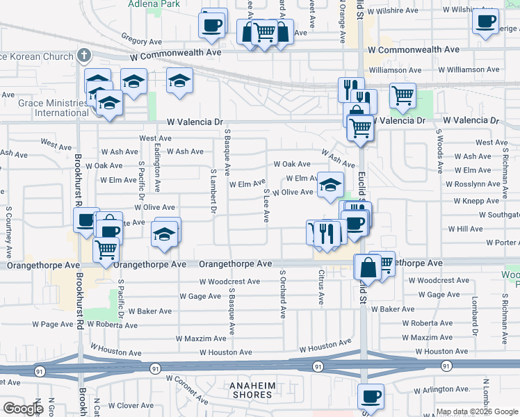 map of restaurants, bars, coffee shops, grocery stores, and more near 1300 West Olive Avenue in Fullerton