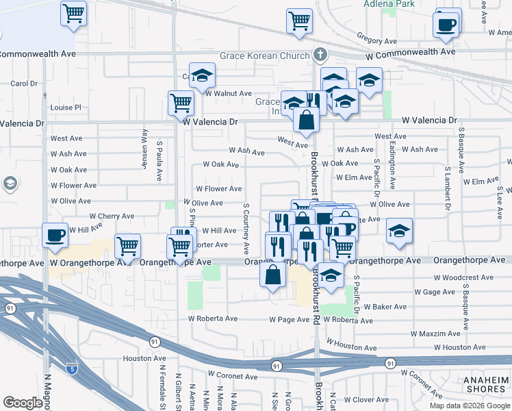 map of restaurants, bars, coffee shops, grocery stores, and more near 701 Cedar Avenue in Fullerton