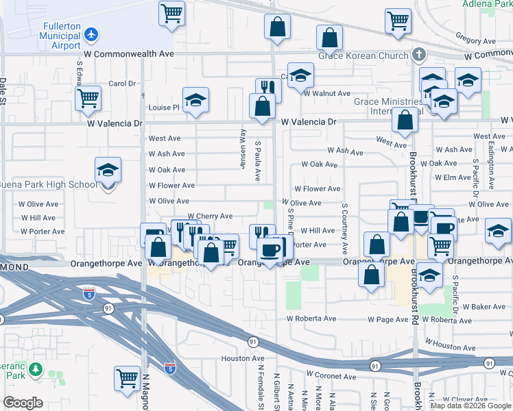 map of restaurants, bars, coffee shops, grocery stores, and more near 2317 West Olive Avenue in Fullerton